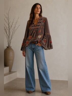 Johnny Was Sisilia Velvet Embroidered Blouse S | Tunic Flare Sleeve Top